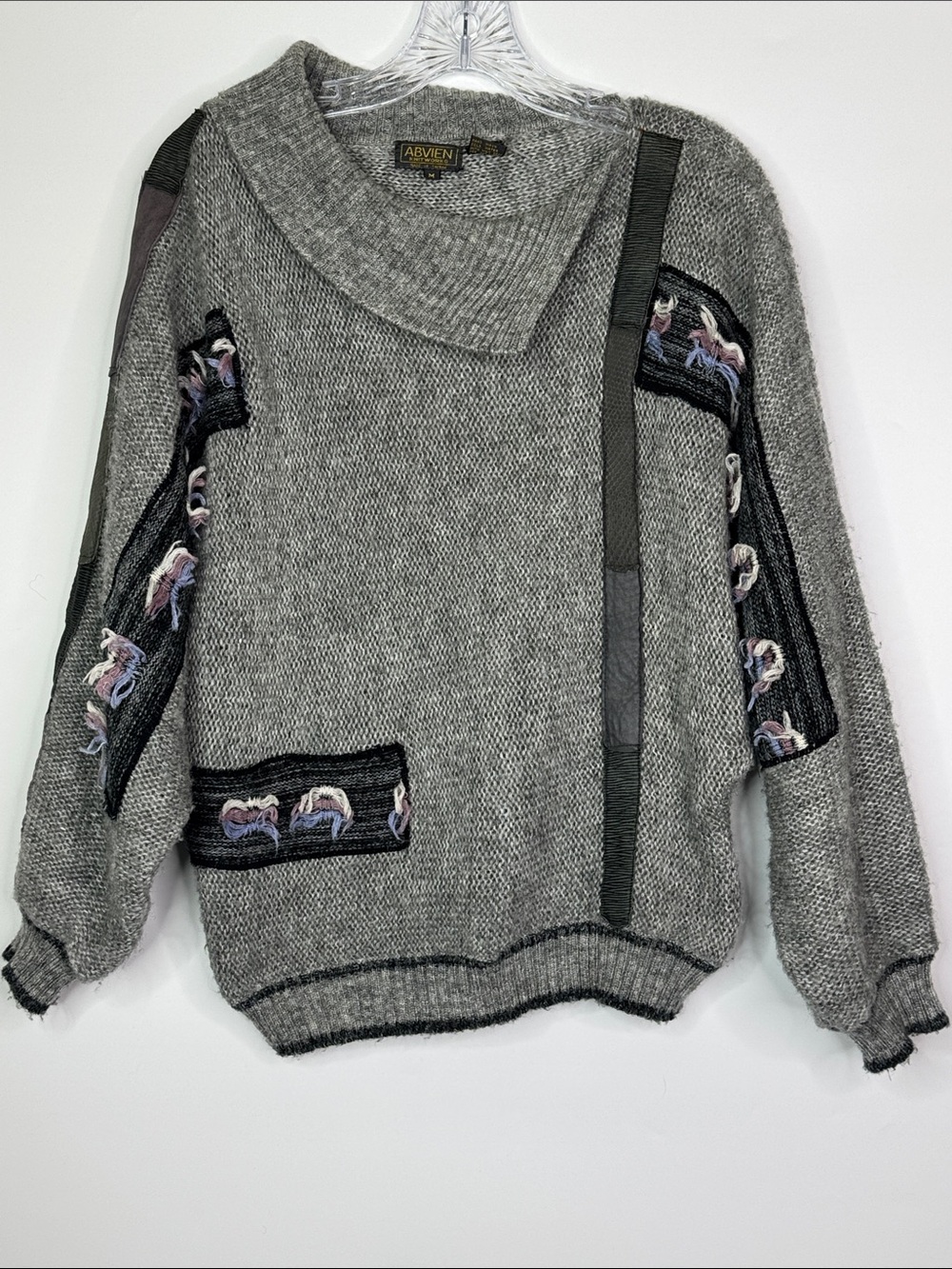 Abvien Gray Knit Cowl Neck Abstract Sweater 80s Size Medium